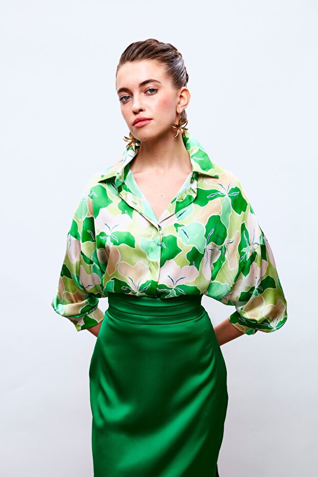 Floral Patterned Loose-Fit Shirt - Green-Olive Green
