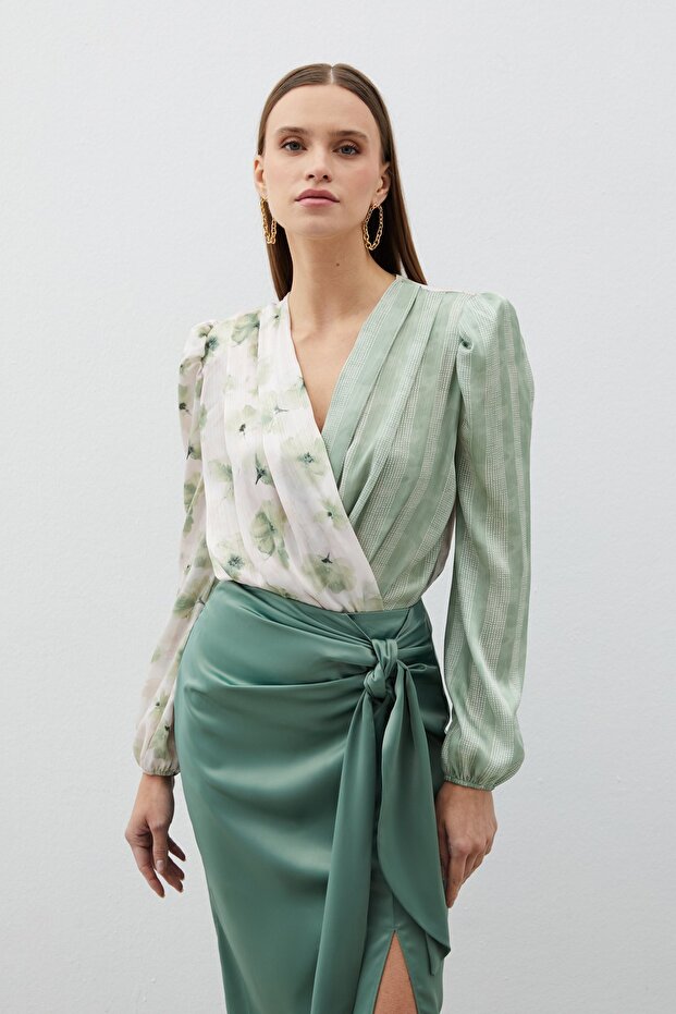 Double Patterned Double-Breasted Bodysuit Blouse - Green - 1