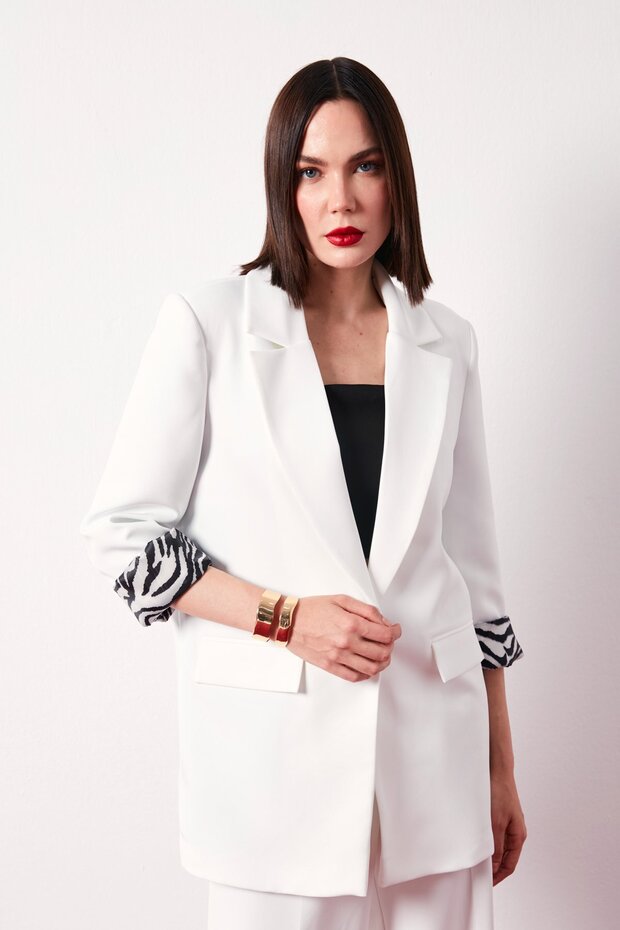Zebra Astarlı Uzun Ceket - Ekru - 5