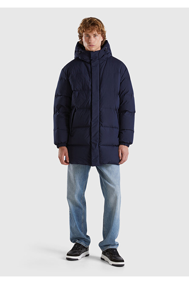 Men's Navy Blue Goose down Padded Side Pockets Hidden Zipper Hooded Long Coat