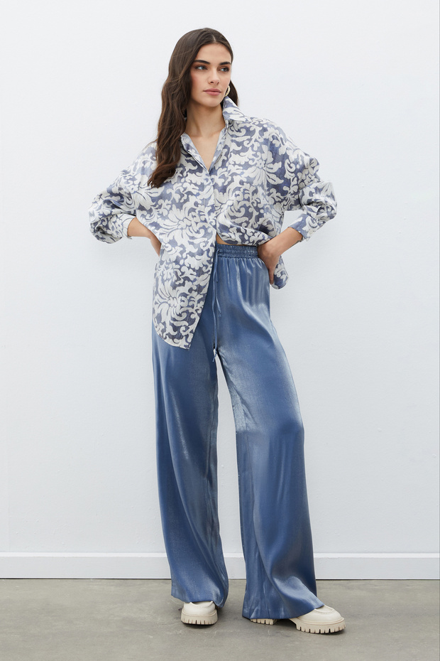 قميص طويل منقوش - نيلي - 3