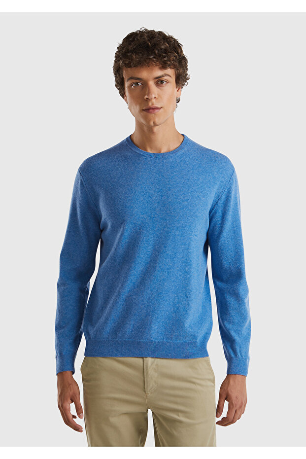 Men's Blue 100% Merino Crew Neck Sweater