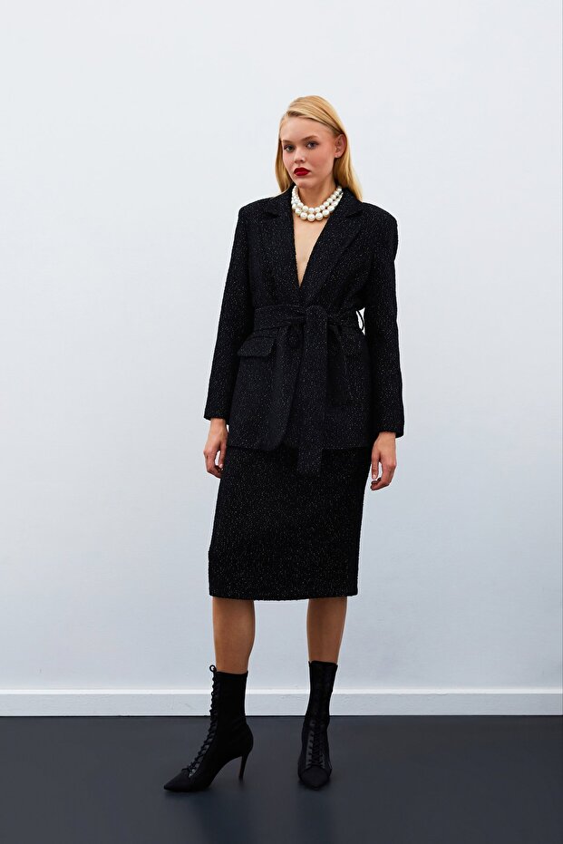 Midi Length Tweed Skirt - Black