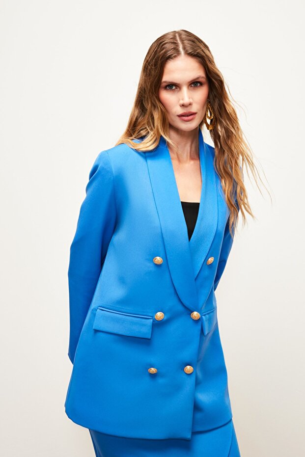 سترة بتفاصيل أزرار وصف أزرار مزدوجة - لون نيلي - 1