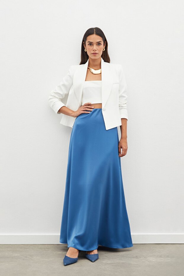 Fusta lungă din satin - Indigo - 2