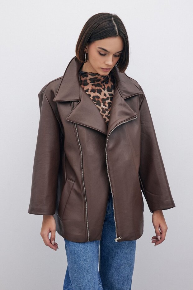 Oversize Leather Jacket - Brown - 2