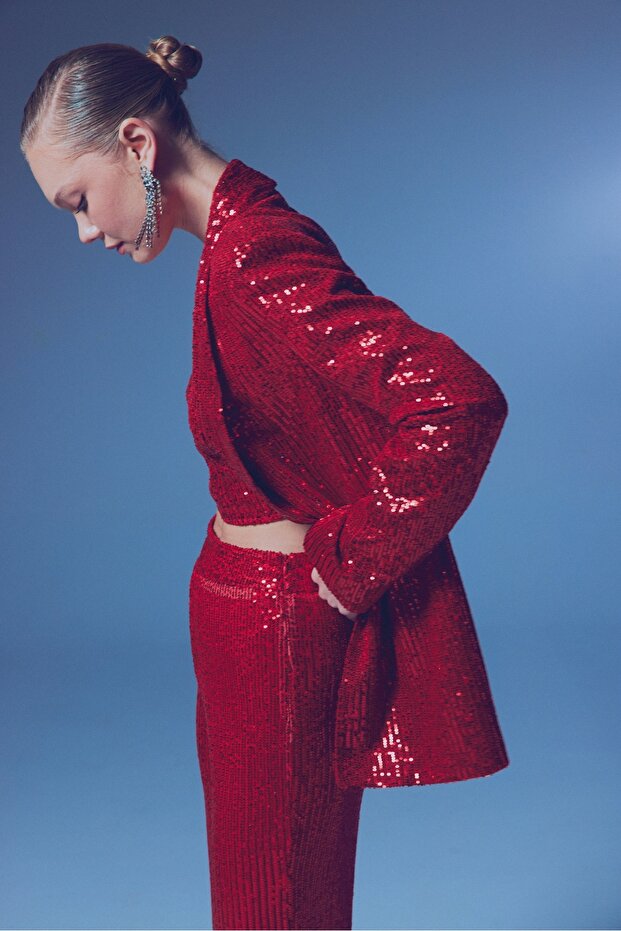 Sequined Casual Jacket - Red - 3