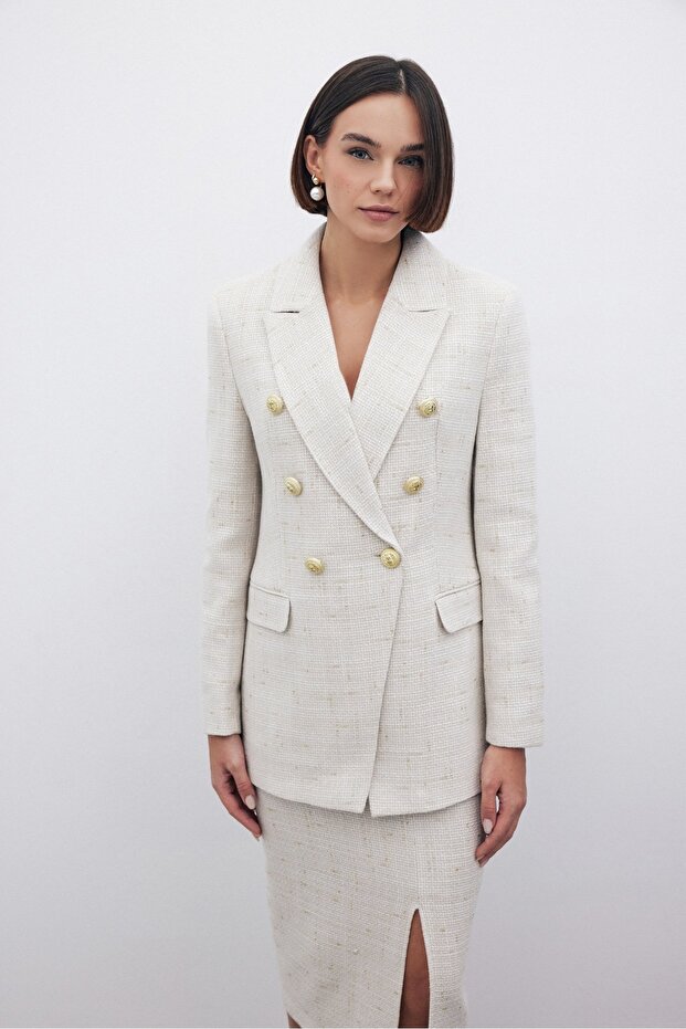 Simli Uzun Ceket - Taş - 5