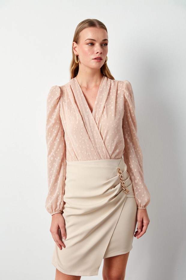 بلوزة بودرة منقوشة مزدوجة الصدر - 3