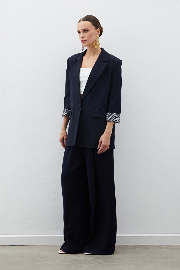 Zebra Lined Long Jacket - Navy Blue - 3