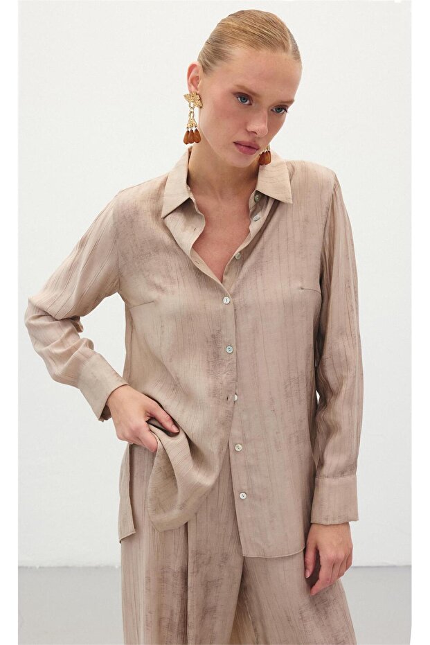 قميص فضفاض منقوش - بيج - 1