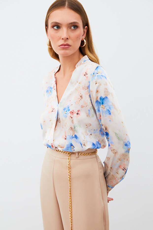 بلوزة منقوشة بصف أزرار واحد - أزرق - 6