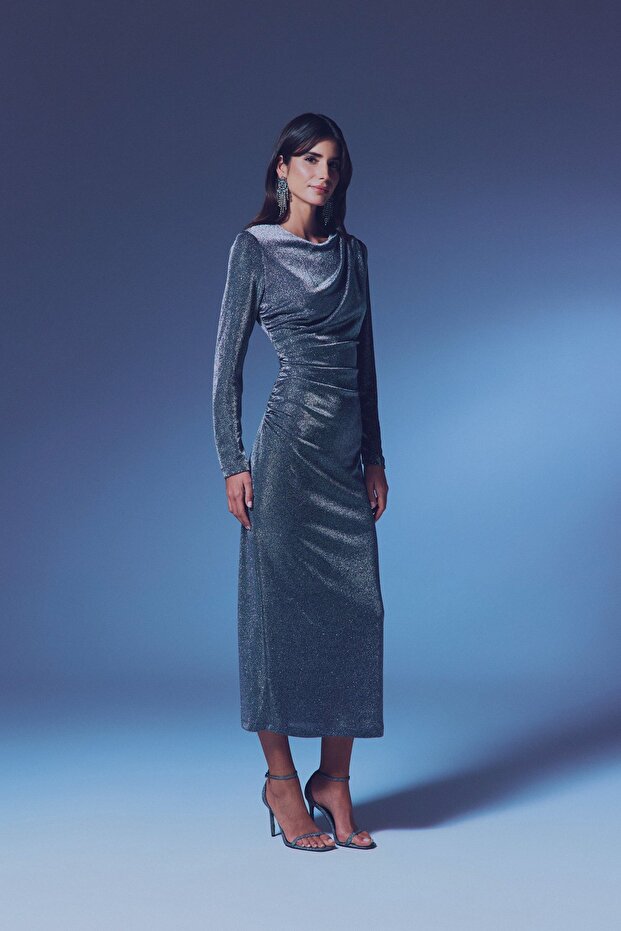 Simli Midi Elbise - ANTRASİT - 2