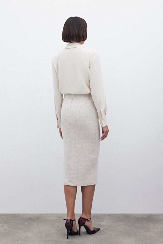 Simli Midi Boy Tüvit Etek - Bej - 8