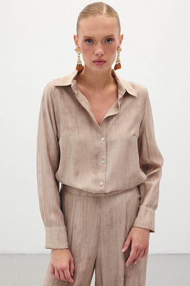 قميص فضفاض منقوش - بيج - 3