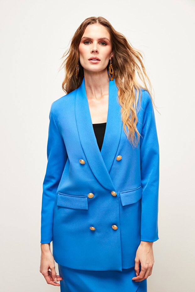 سترة بتفاصيل أزرار وصف أزرار مزدوجة - لون نيلي - 2