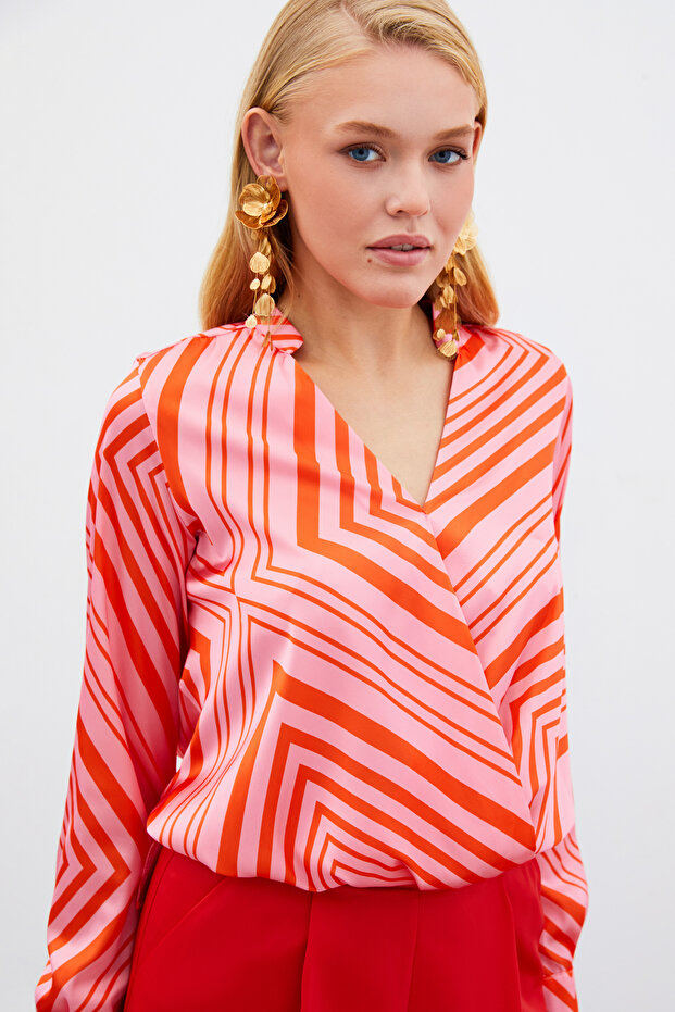 Double-Breasted Patterned Blouse - Fuchsia - 3