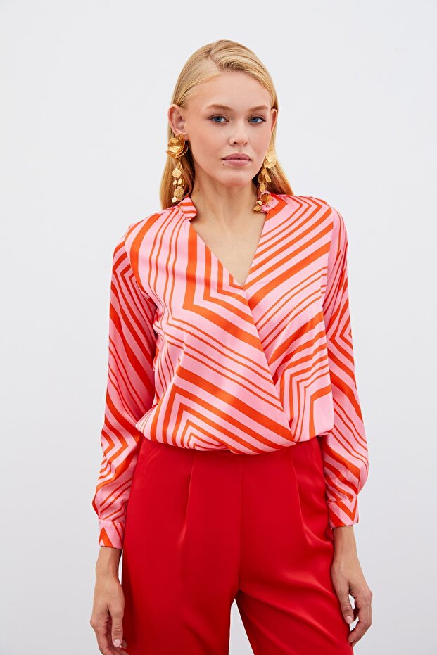 Double-Breasted Patterned Blouse - Fuchsia - 4