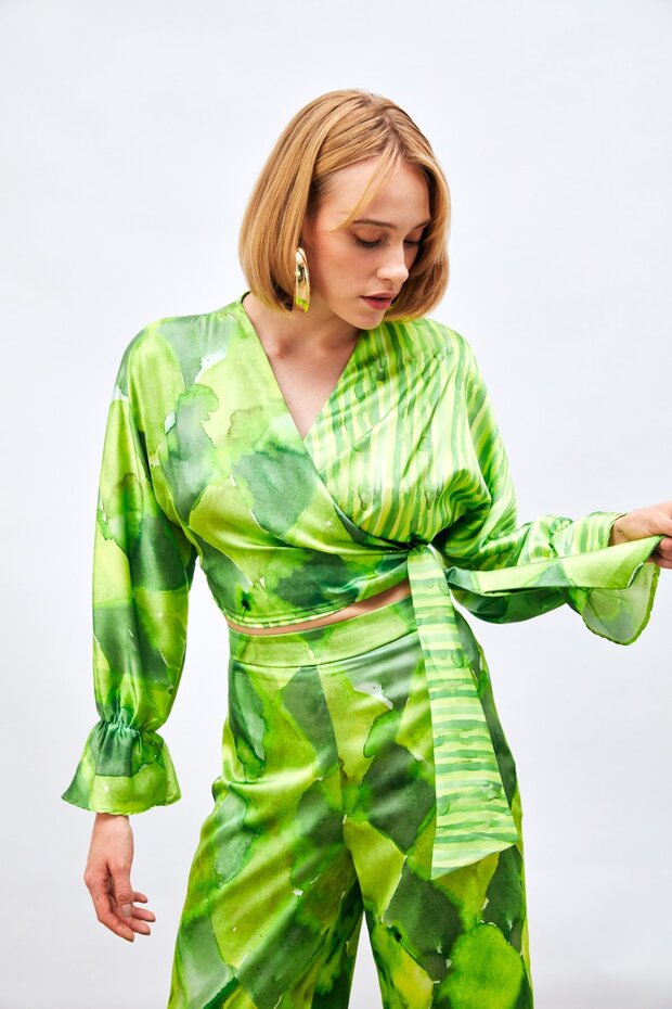 Side Tie Patterned Blouse - Green - 4