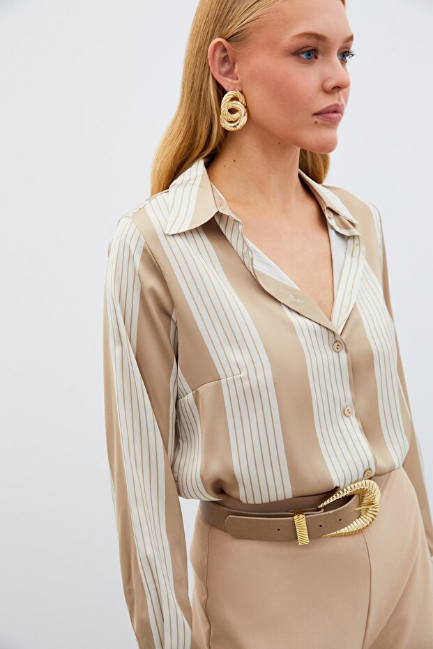 Çizgi Desenli Gömlek - Bej - 2