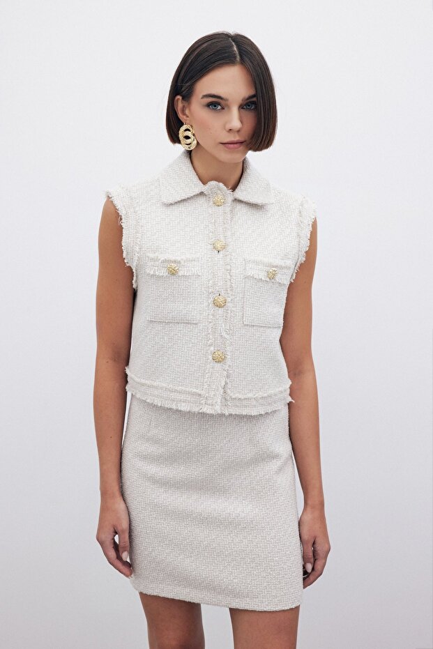 Simli Tüvit Yelek - Taş - 1