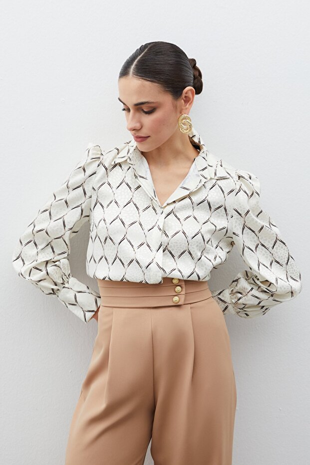 قميص منقوش من الساتان - بيج - 3