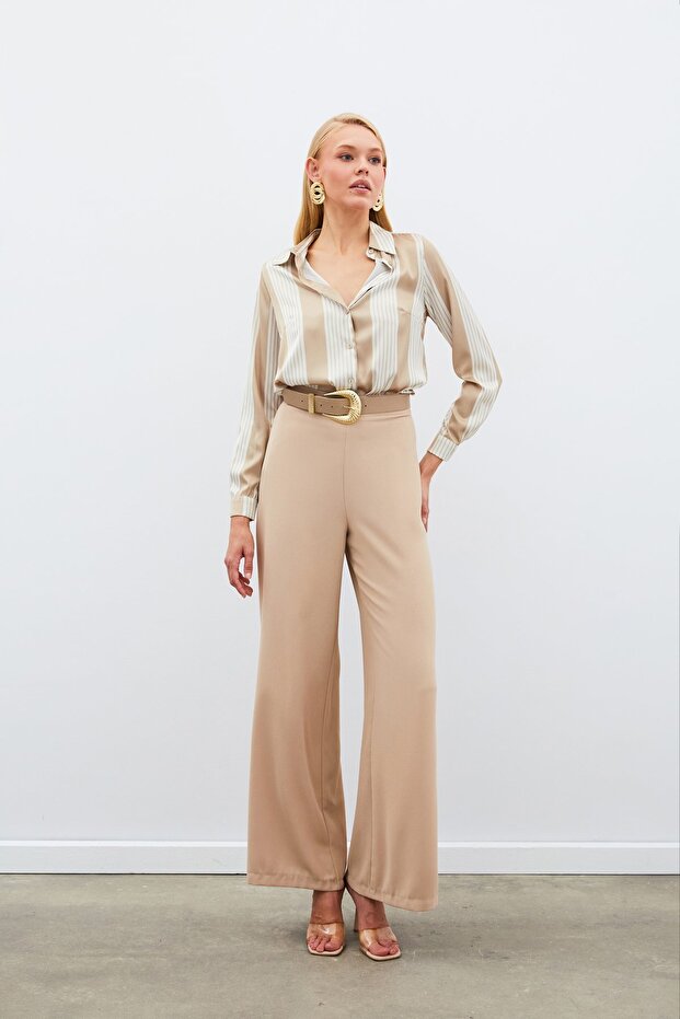 Çizgi Desenli Gömlek - Bej - 5