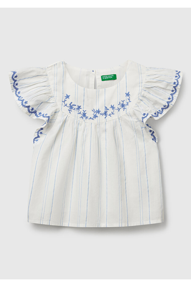 Girl's White Striped Sleeve and Front Embroidered Light Flared Short Sleeve Shirt
