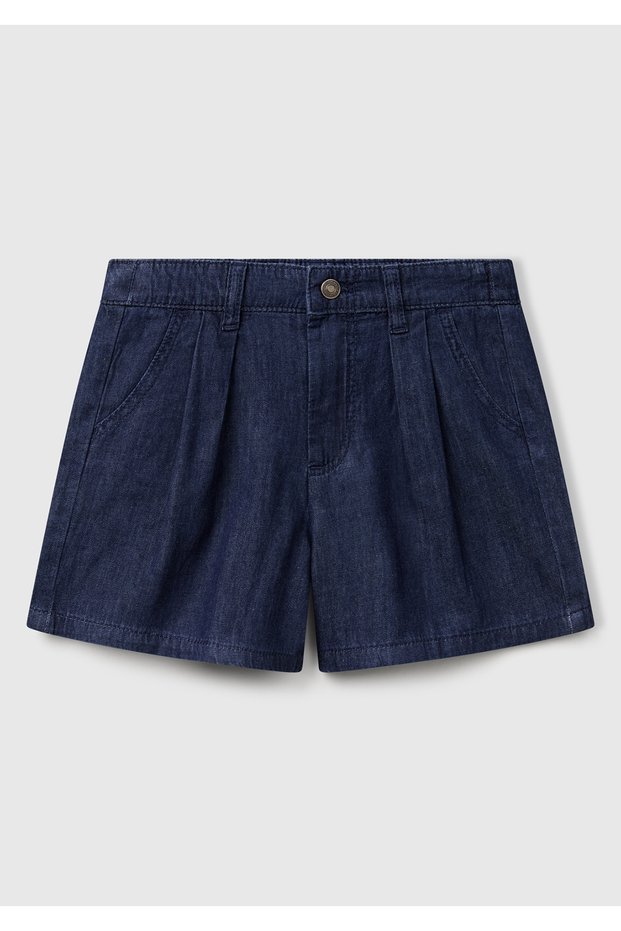 Girl's Dark Denim Chenille Shorts with Elastic Back Waist and Logo Embroidery Detail