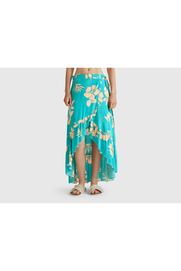 Women's Turquoise Patterned Logo Printed Midi Skirt with Side Slits and Elastic Waist