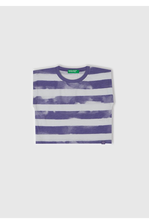 Girls Purple Striped Neck Ribbed Logo Label Detail Sleeveless T-Shirt