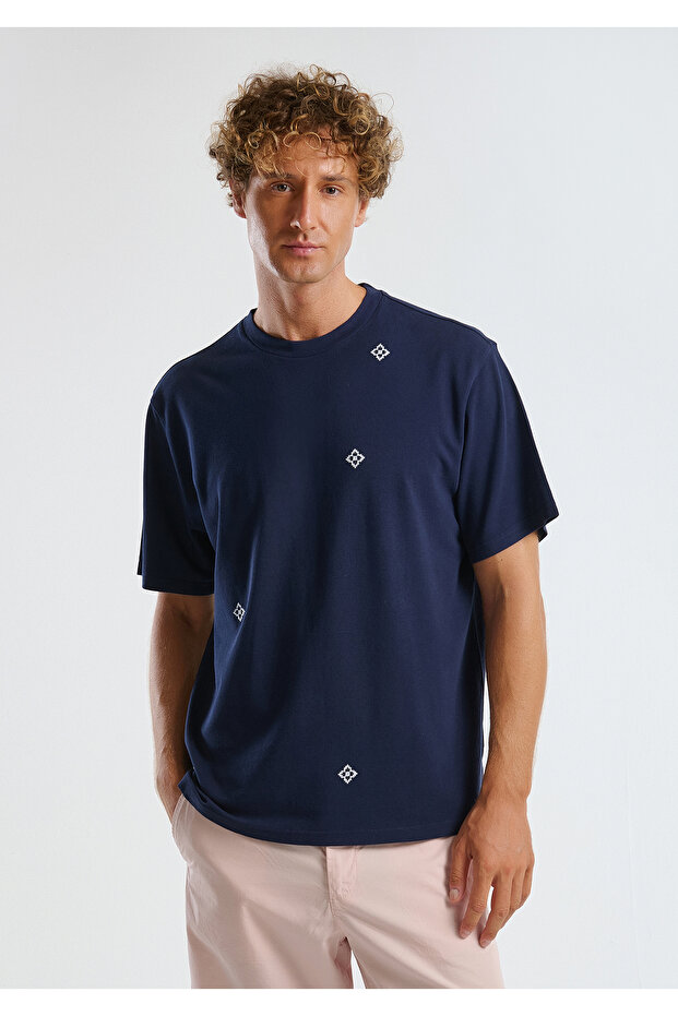 Men's Navy Blue 100% Cotton Patterned Pique T-Shirt