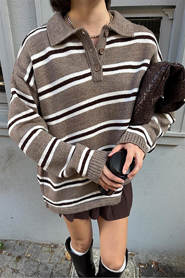 Mink Polo Collar Striped Women's Knitwear Sweater Mg2469
