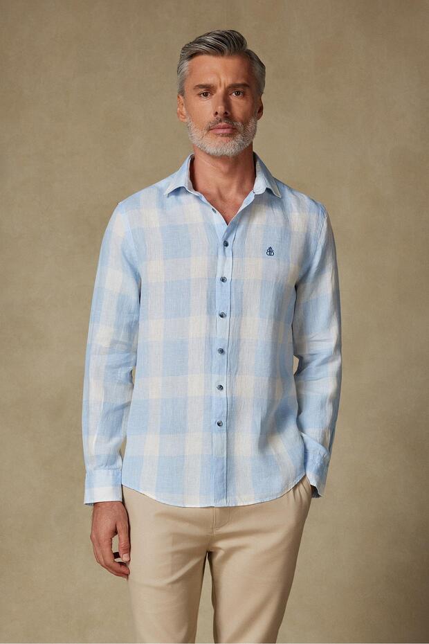 Lieno Linen Linen Comfort Fit Blue Classic Collar Men's Checkered Shirt