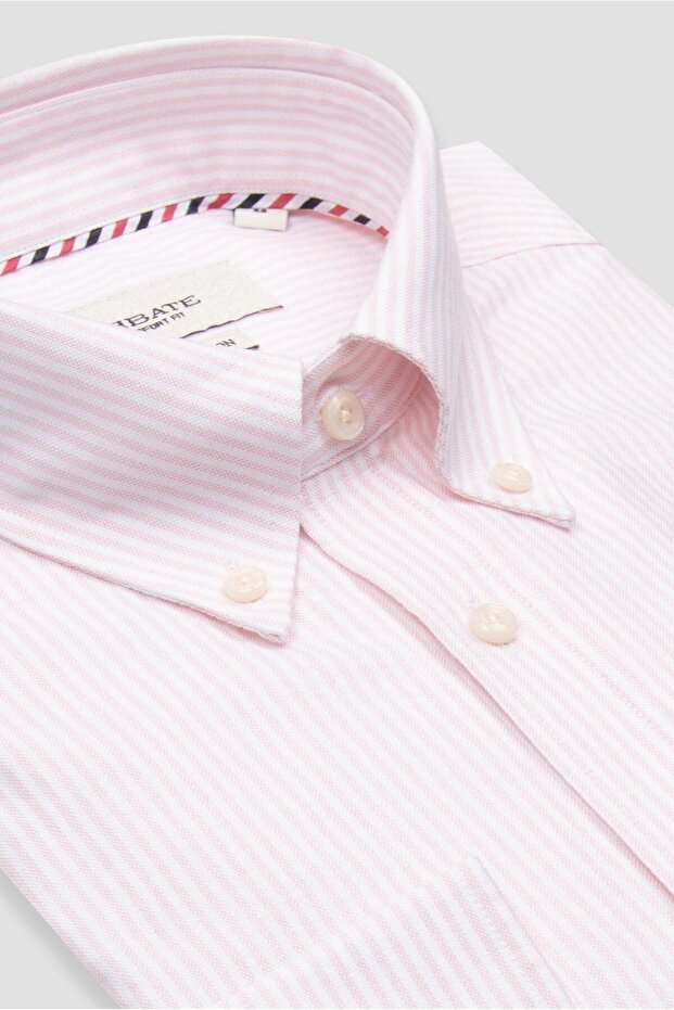 Marcel American Oxford Cotton Comfort Fit Pink Button Collar Men's Striped Shirt