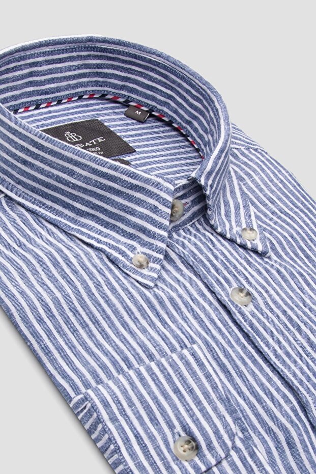 Sorento Linen Linen Comfort Fit Navy Blue Button Collar Men's Striped Shirt