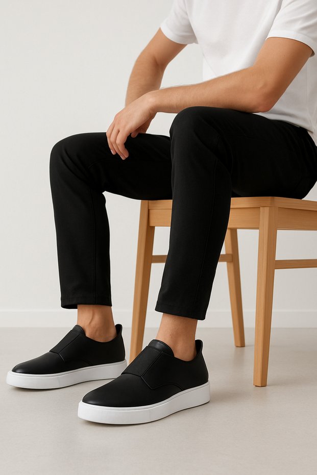 Gre0173 Genuine Leather Lightweight White Eva Sole Banded Daily Black Comfortable Men's Casual Shoes