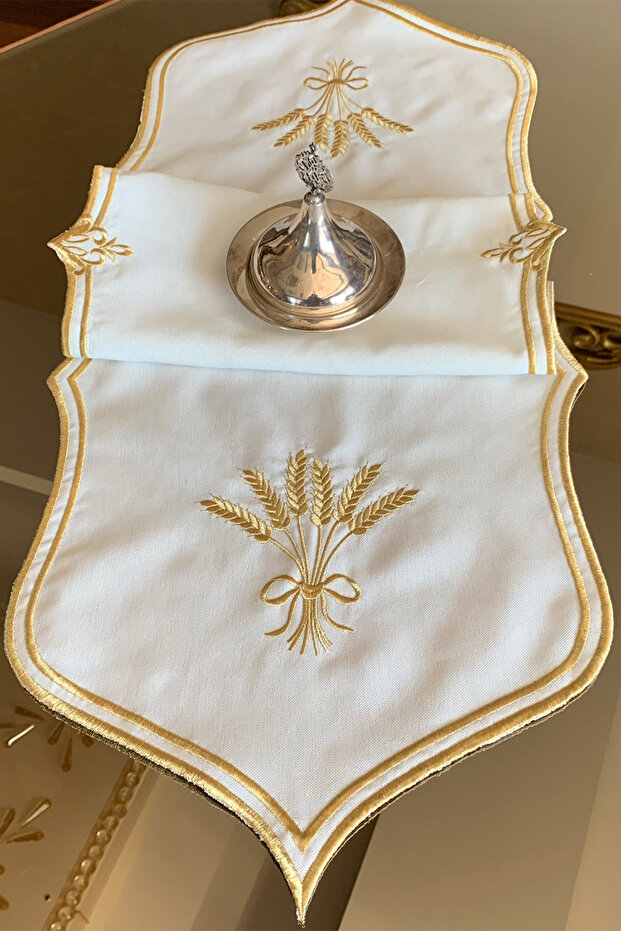 Başak %100 Keten (Nakışlı) Runner-Gold - 1