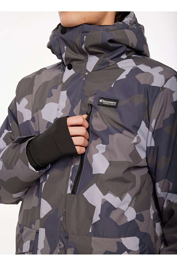 Siyah - Antrasit Erkek Kapüşon Yaka Relaxed Fit Baskılı Kayak Montu D3WM-MNT23 - 3