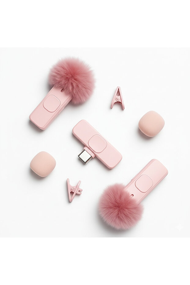 Kablosuz Tüylü Pembe Yaka Mikrofonu Type-C ve Apple Girişli 2’li Set Bluetooth 5.0 - 7