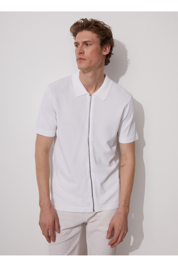 Jacket Collar Basic Plain White Men's Sweater Vartosu