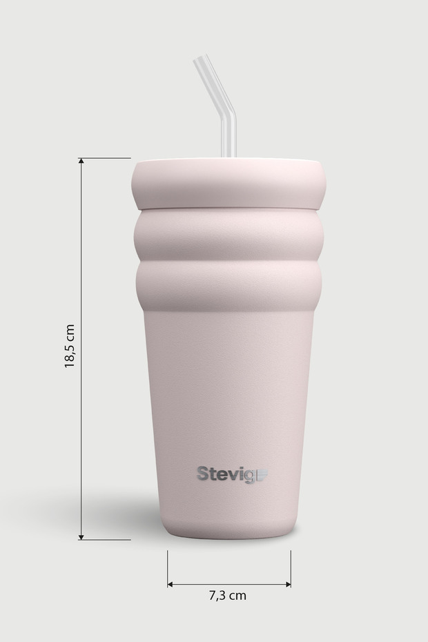3 Bubble Two-Cap Straw Tumbler Çelik Termos 600 ML Soft Quartz ST-248 - 8