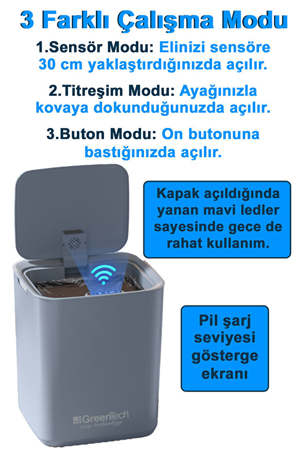 Sensörlü Şarjlı 22 Litre Çöp Kovası (Şarj Edilebilir Lityum Pilli) / GT-SC05B - 7