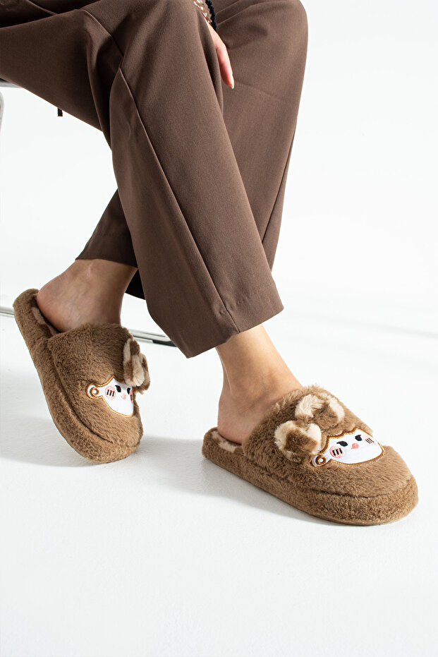 Taba Papyonlu Peluş Oyuncaklı Kışlık Kadın Terlik - 2