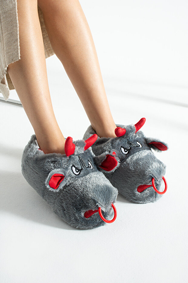 Gri Boğa Sessiz Taban Panduf Peluş Ev Ayakkabısı - 3