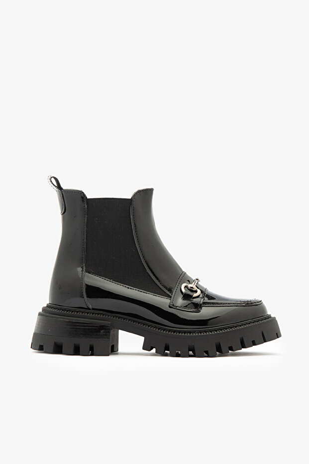 Black Patent Leather Women's Boots with Elastic Sides and Buckle, Non-Slip Sole