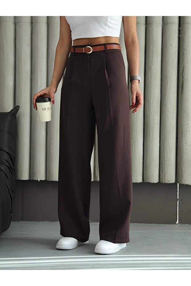 Women's Elastic Waist Belted Flowy Loose Palazzo Fabric Trousers