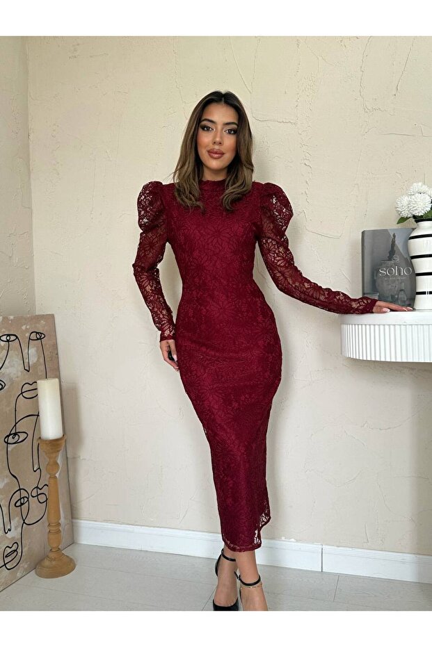 Güpür Detaylı Dantel Elbise - 1