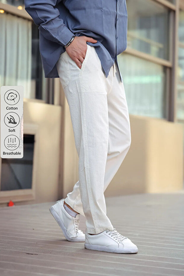 White Color Men's Summer Linen Blend Relaxed Trousers - White