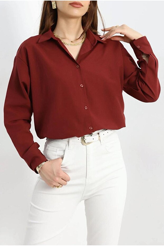 Oversize Gömlek Bordo - 3